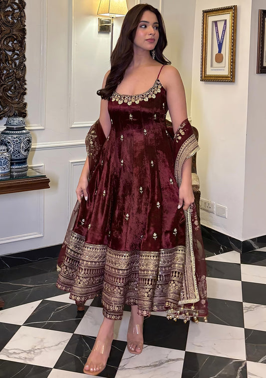 Saheli Wine Embroidery Sequence Work Blended Gown