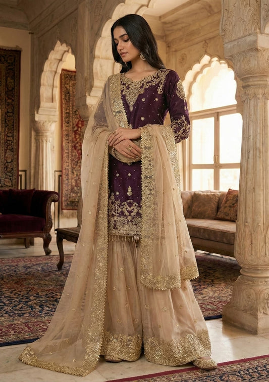 Saheli Wine Beige Embroidered Silk Kurta Set