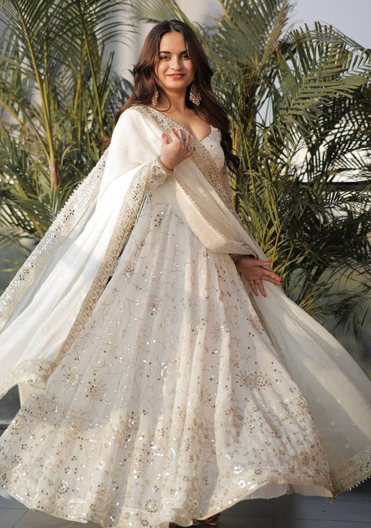 Saheli White Embroidery Georgette Salwar Suit