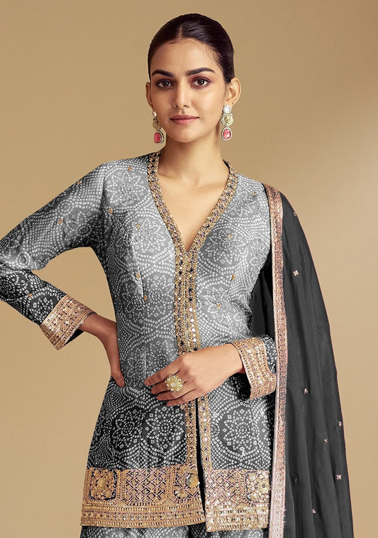 Saheli Grey Embroidered Silk Kurta Set