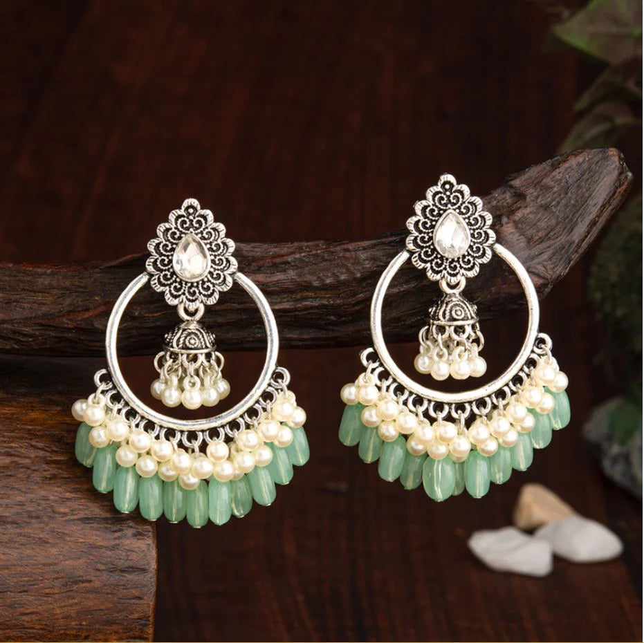 Saheli Silver Plated Round Shaped Designed Artwork With Droplet Pearl & Colorful Beads Fashion Antique Earring