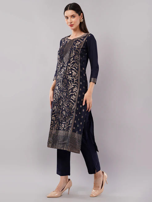 Saheli New Age Navy Blue Royal Brocade Suit Set with Dupatta and Pants (3 Piece Set)