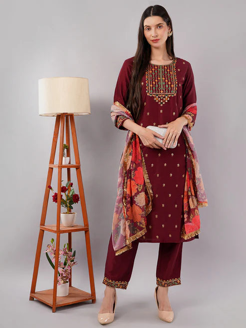 Saheli Trendy Festive Maroon Embroidered Suit Set with Floral Dupatta and Pants (3 Piece Set)