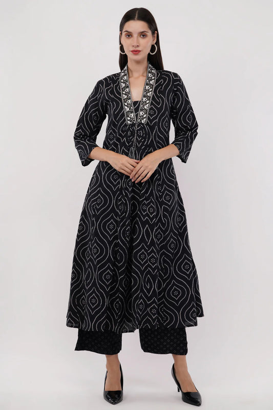 Saheli Black Pure Cotton Printed Cotton Anarkali Set - Set Of 3