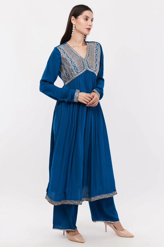 Saheli Blue Kurta & Bottom Natural Crepe Dupatta Organza Flared Anarkali Suit Anarkali - Set Of 3