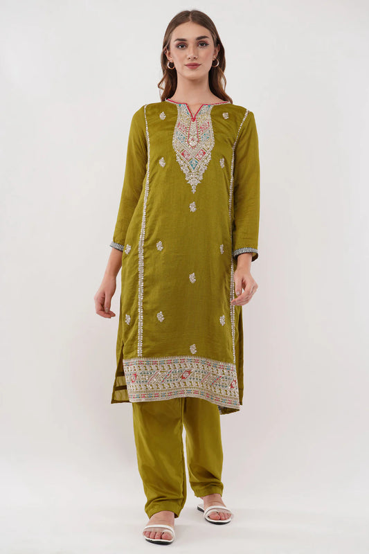 Saheli Mustrad Vichitra Silk Suit With Multi Thread & Zari Embroidery Stitch - Set Of 3