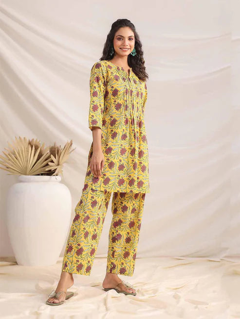 Saheli Yellow Cotton Floral Pleated Co-ord Set
