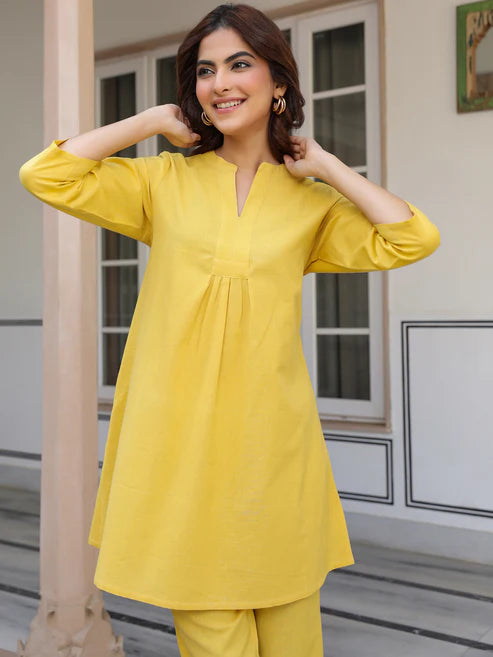 Saheli Yellow Cotton Solid A-line Co-ords Set