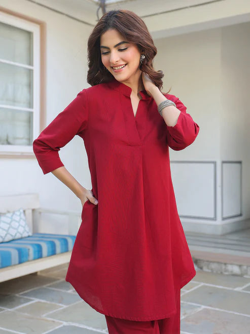 Saheli Maroon Cotton Solid A-line Co-ord Set