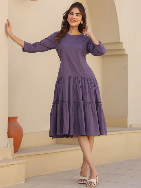 Saheli Lavender Pure Cotton Tiered Dress