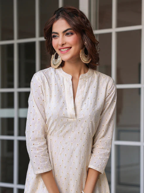 Saheli Off White Pure Cotton Schiffli A-line Dress