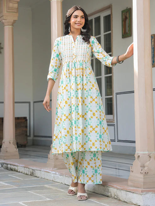 Saheli White Pure Cotton Yoke Embroidered Abstract Printed A-line Kurta Pant Set