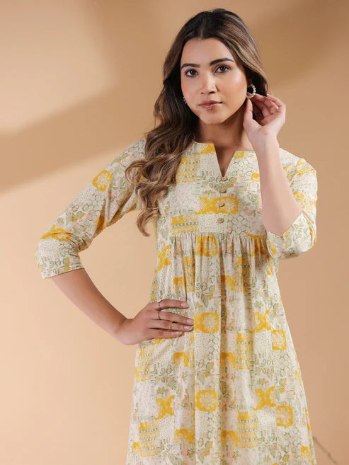 Saheli Mustard Pure Cotton Ethnic Motifs Printed A-line Dress