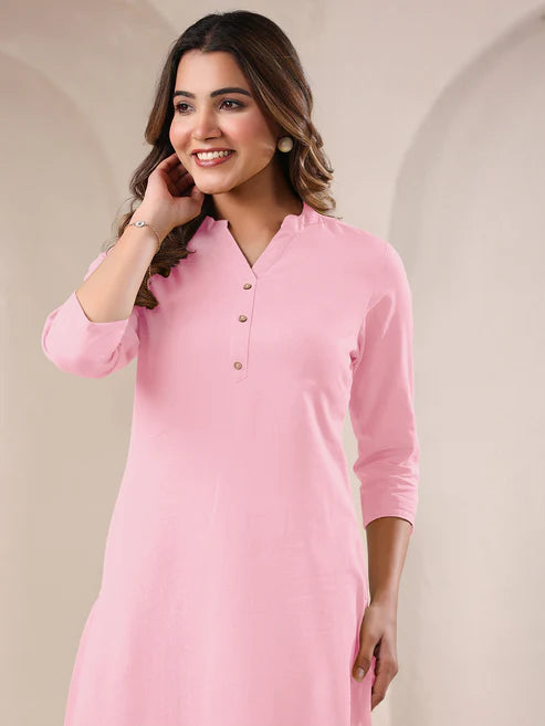 Saheli Pink Cotton Solid Straight Kurta
