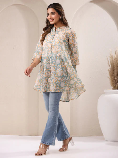 Saheli Sage Green Cotton Blend Floral Printed A-line Tunic