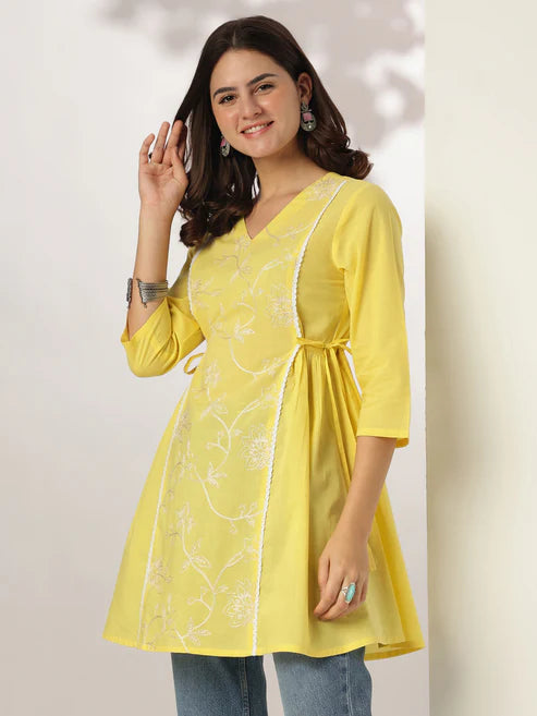 Saheli Yellow Pure Cotton Embroidered A-line Tunic