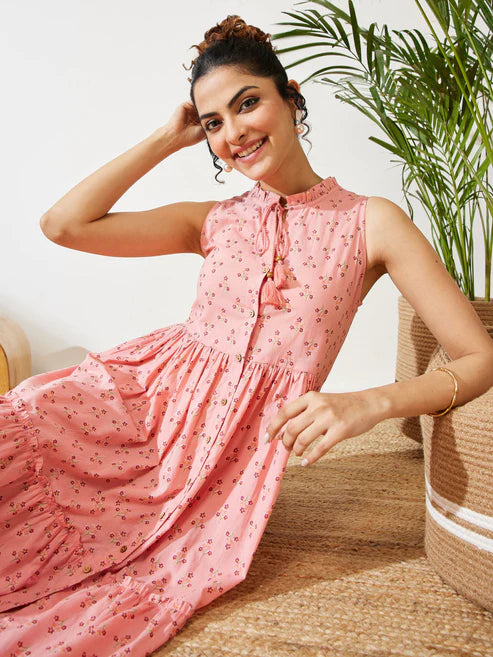 Saheli Women's Peach Cotton Floral Printed Fit & Flare Dress