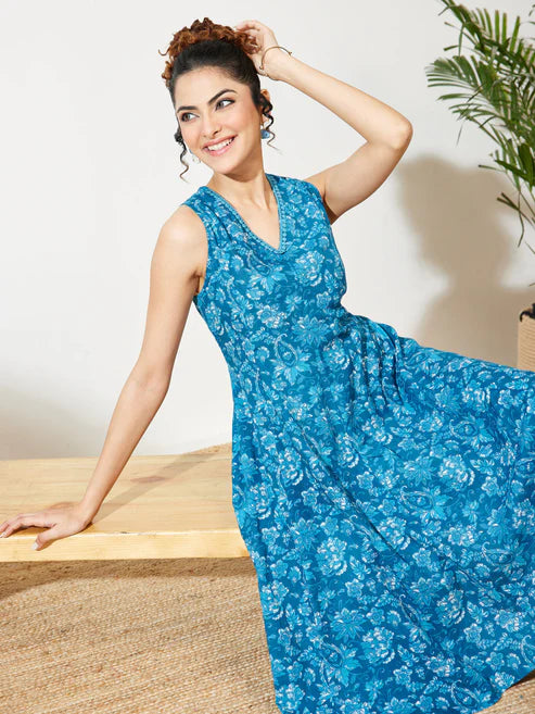 Saheli Women's Blue Pure Cotton Floral Printed Flared Dress