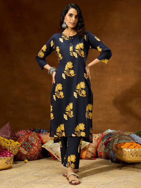 Saheli Women's Navy Blue Pure Cotton Floral Printed Straight Co-ord Set