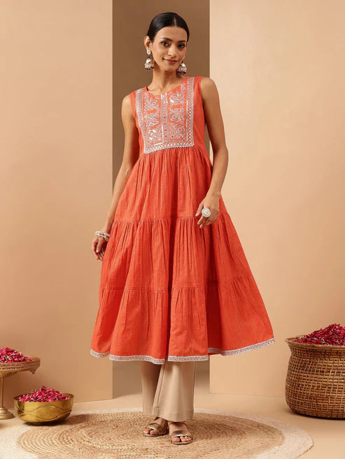 Saheli Women's Orange Pure Cotton Yoke Embroidered Tiered Kurta