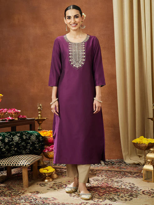 Saheli Women's Wine Chanderi Silk Zari Yoke Embroidered Straight Kurta