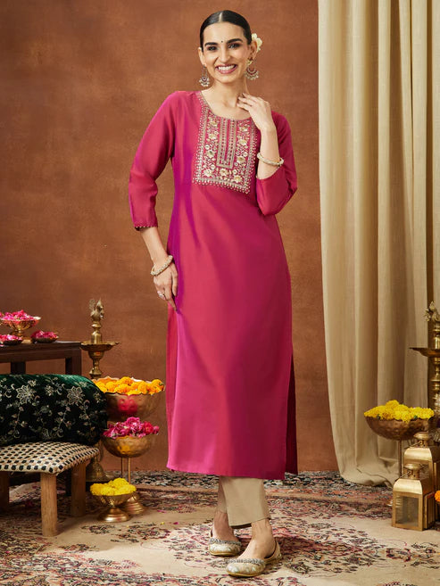 Saheli Women's Pink Chanderi Silk Zari Yoke Embroidered Straight Kurta