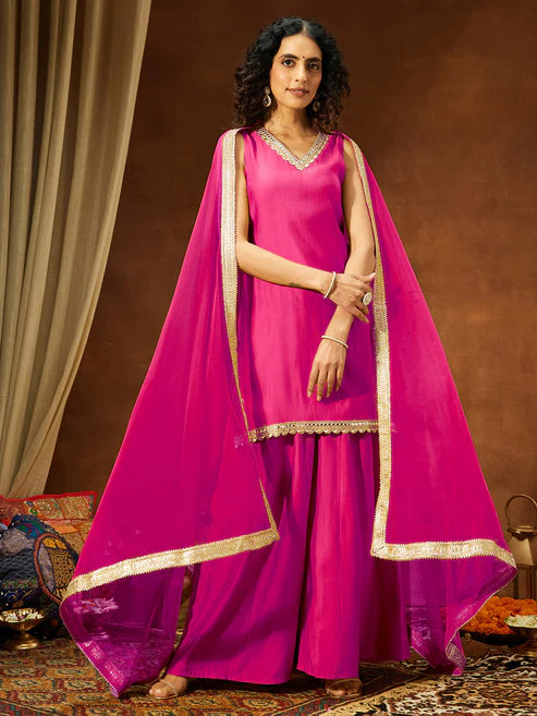 Saheli Women's Pink Chanderi Silk Embellished Straight Kurta With Sharara & Dupatta Set