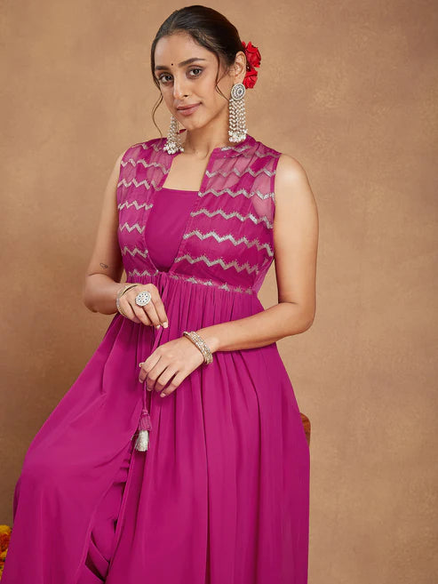 Saheli Women Pink Georgette Sequinned Front-slit Kurta With Crop Top & Palazzo Set