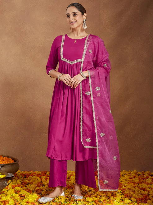Saheli Women's Pink Rayon Yoke Design A-line Kurta With Palazzo & Dupatta Set