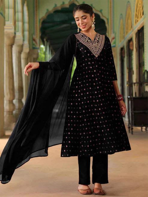 Saheli Women's Black Silk Blend Zari Yoke Embroidered Gold Printed Anarkali Kurta Set