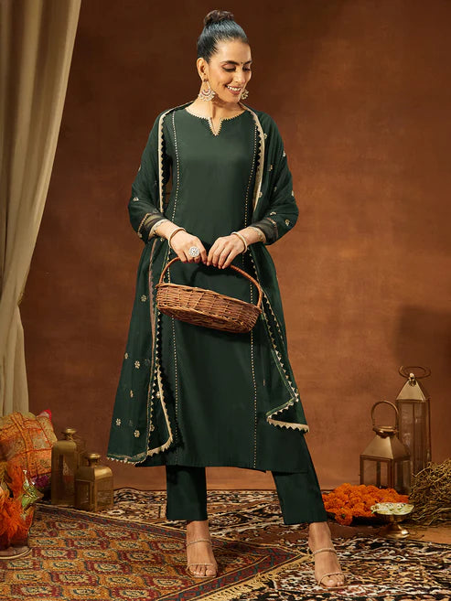 Saheli Women's Bottle Green Chanderi Silk Embellished Straight Kurta Set