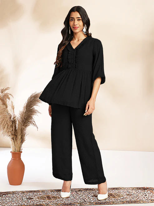 Saheli Black Dobby Chiffon Woven Design Peplum Co-Ord Set
