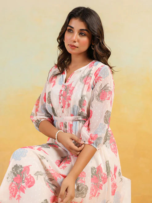 Saheli Women's Cream Georgette Floral Printed Flared Dress