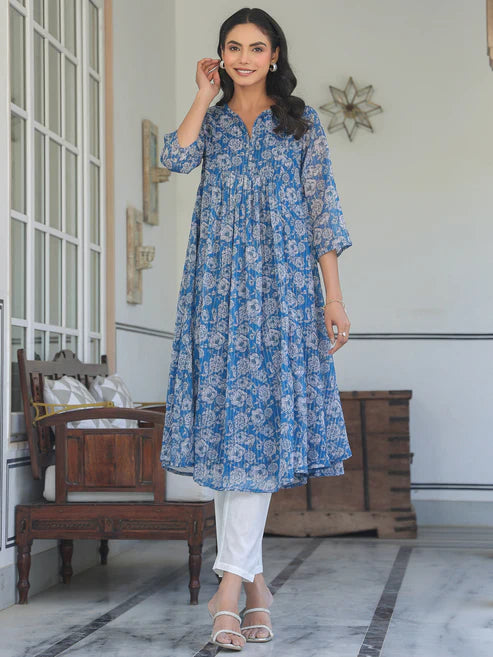 Saheli Blue Chiffon Lurex Floral Printed A-line Kurta