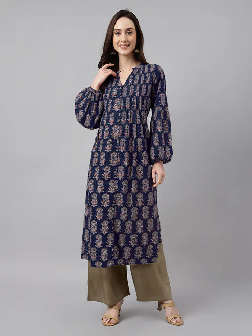 Saheli Navy Blue Pure Cotton Floral Printed A-line Kurta