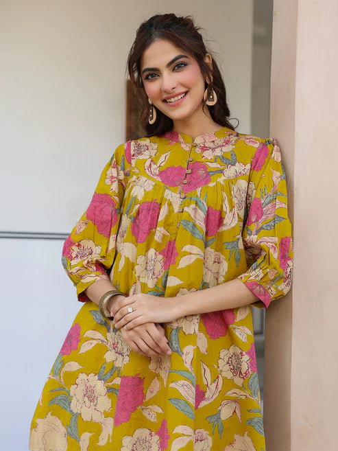 Saheli Mustard Pure Cotton Floral Printed A-line Tunic