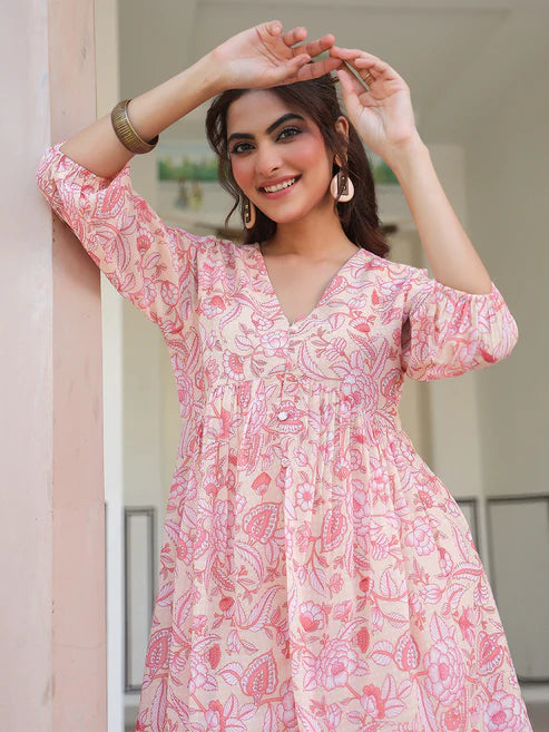 Saheli Peach Georgette Floral Printed Gathered Tunic