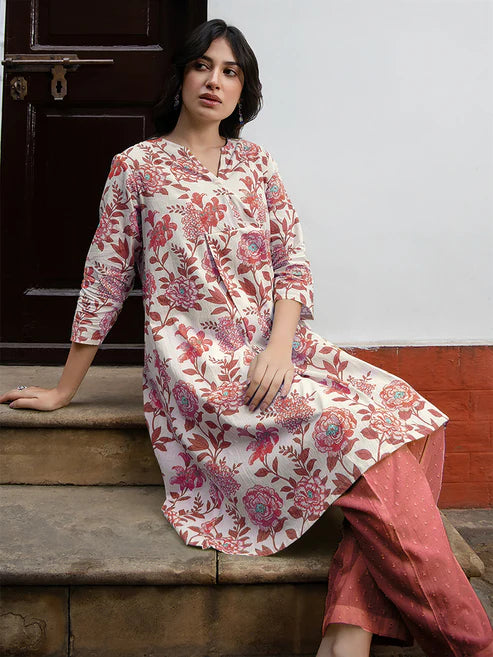 Saheli Off White Pure Cotton Floral Printed A-line Tunic