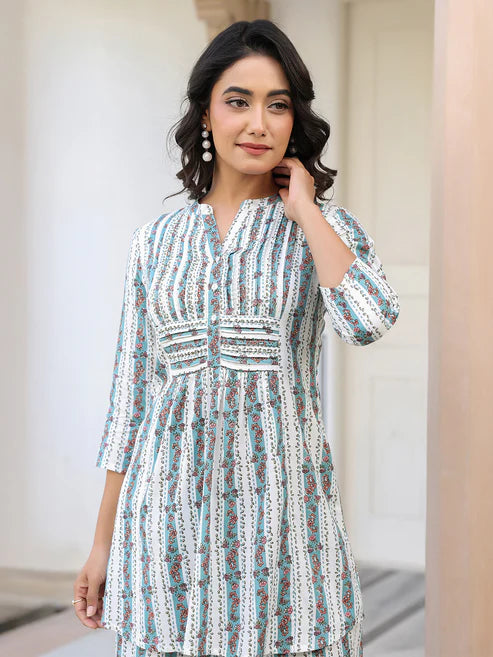 Saheli White Pure Cotton Floral Printed A-line Co-ord Set