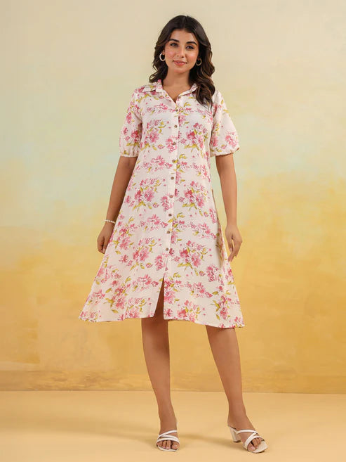 Saheli Women's Off White Linen Cotton Floral Printed A-line Button Down Shirt Dress