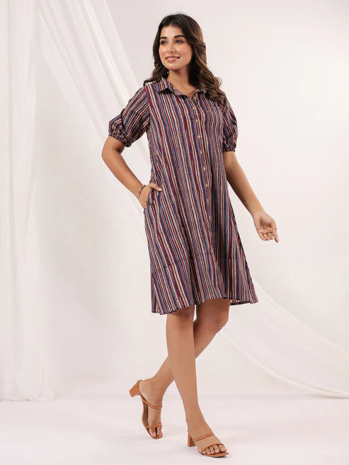 Saheli Women's Multicolor Pure Cotton Striped A-line Dress