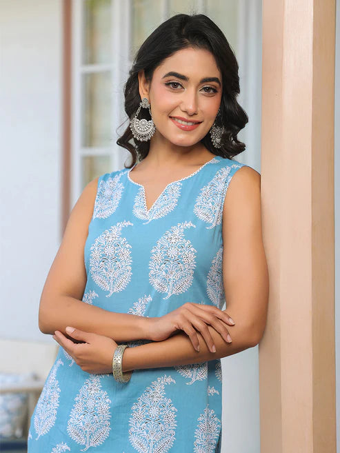 Saheli Sky Blue Pure Cotton Ethnic Motifs Printed Straight Kurta Pant Set