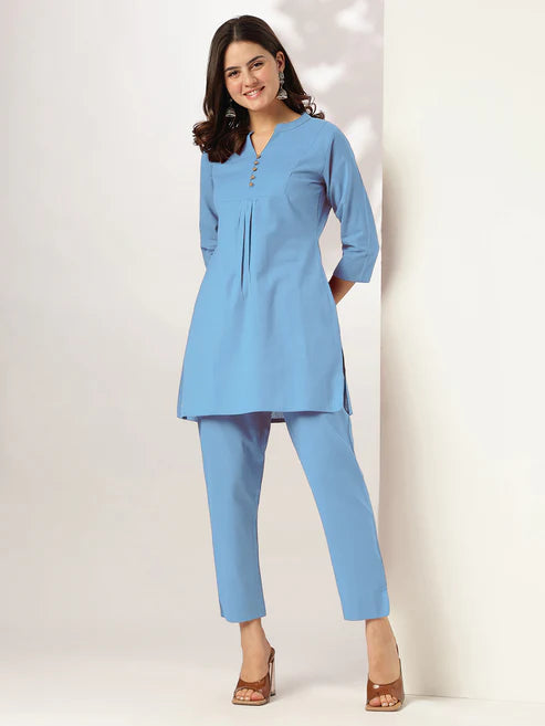 Saheli Women's Light Blue Linen Cotton Solid A-line Co-ord Set