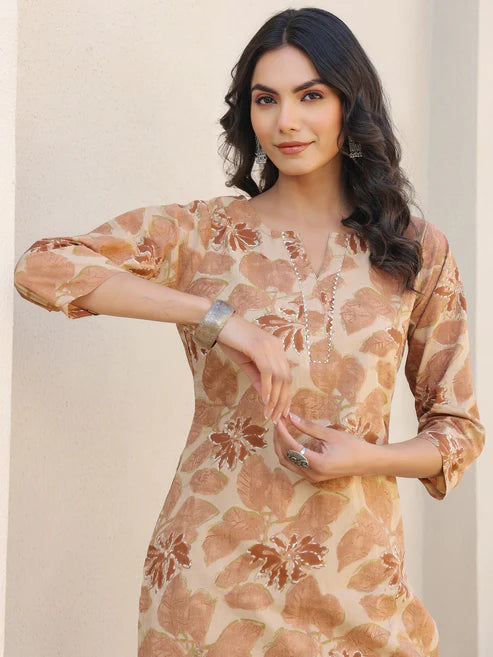 Saheli Beige Pure Cotton Floral Printed Straight Kurta Pant Set