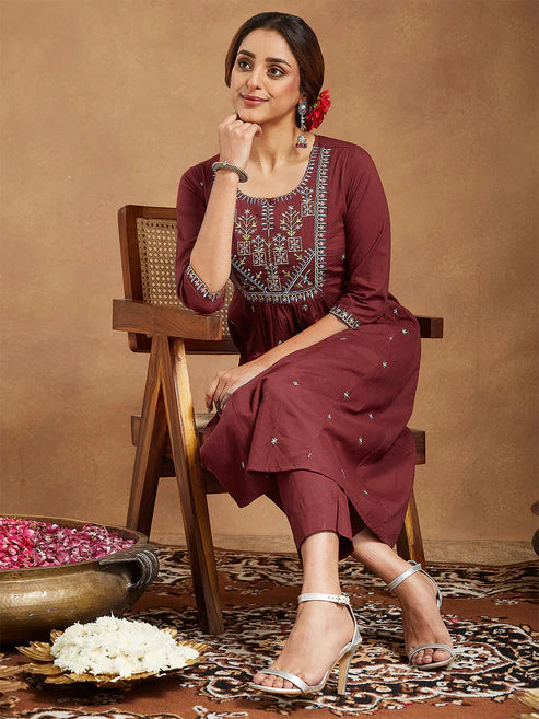 Saheli Women's Maroon Pure Cotton Embroidered A-line Kurta With Pant Set