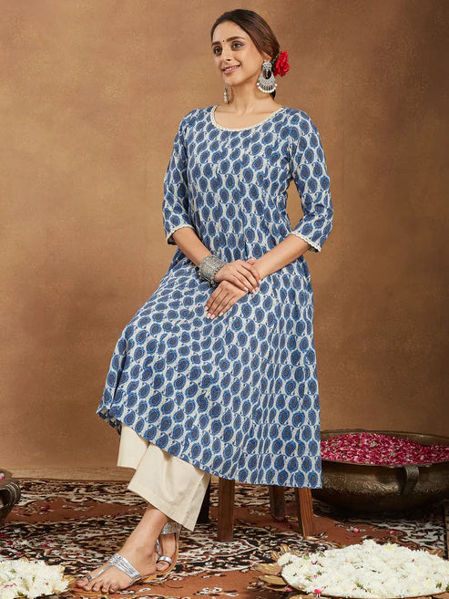 Saheli Women's Indigo Blue & Beige Pure Cotton Paisley Printed Anarkali Kurta With Palazzo Set
