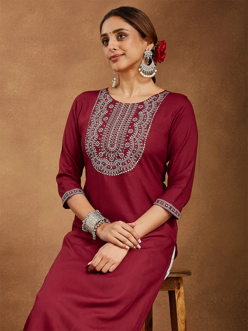 Saheli Women's Maroon Rayon Embroidered Straight Kurta