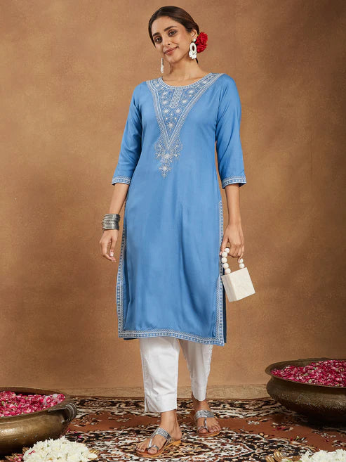 Saheli Women's Sky Blue Rayon Embroidered Straight Kurta