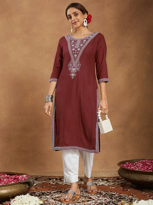 Saheli Women's Maroon Rayon Embroidered Straight Kurta