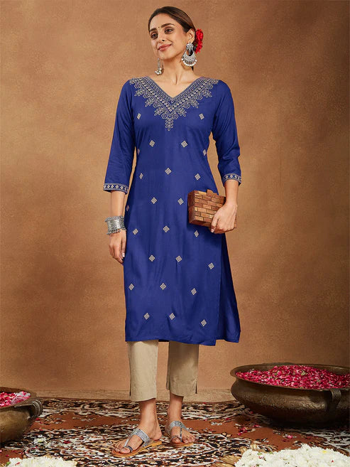 Saheli Women's Navy Blue Rayon Embroidered Straight Kurta